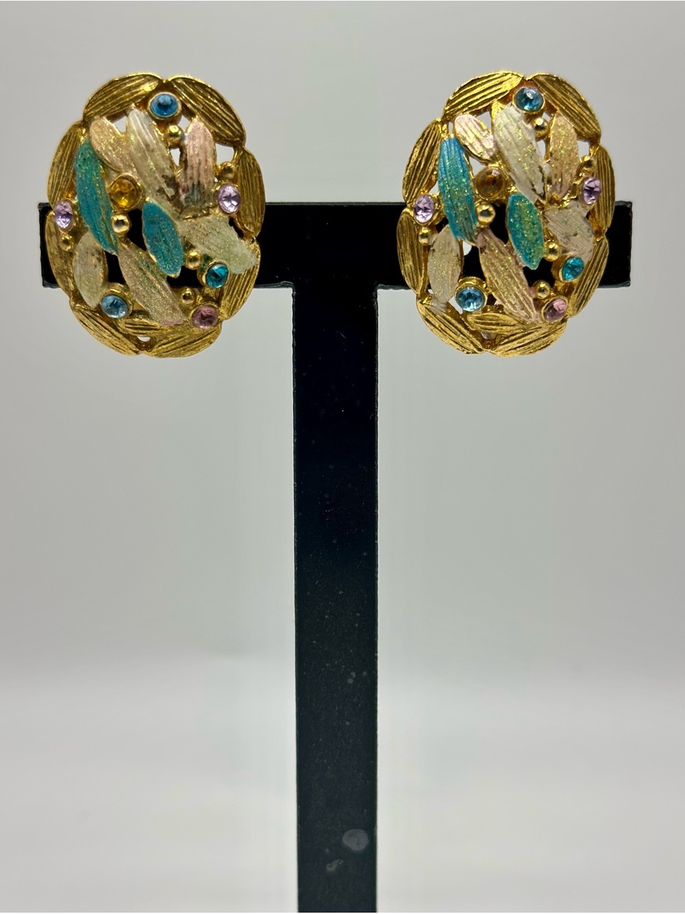 Gold-Tone Leaf Clip-On Earrings with Turquoise & Lavender Accents